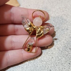 Unique Vintage Handmade Gold Toned Rose Quartz Angel Pin